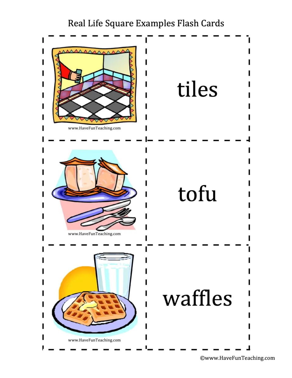 Squares in the real world: cards picture floor tiles, tofu blocks and waffles, with the matching word beside each