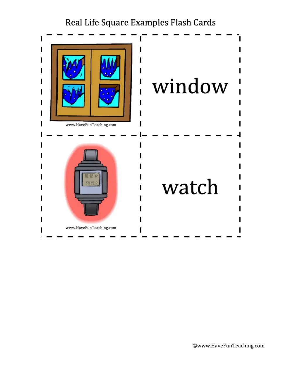 Last set of square real-life examples: a window with four panes and a digital watch, each shown with its word card