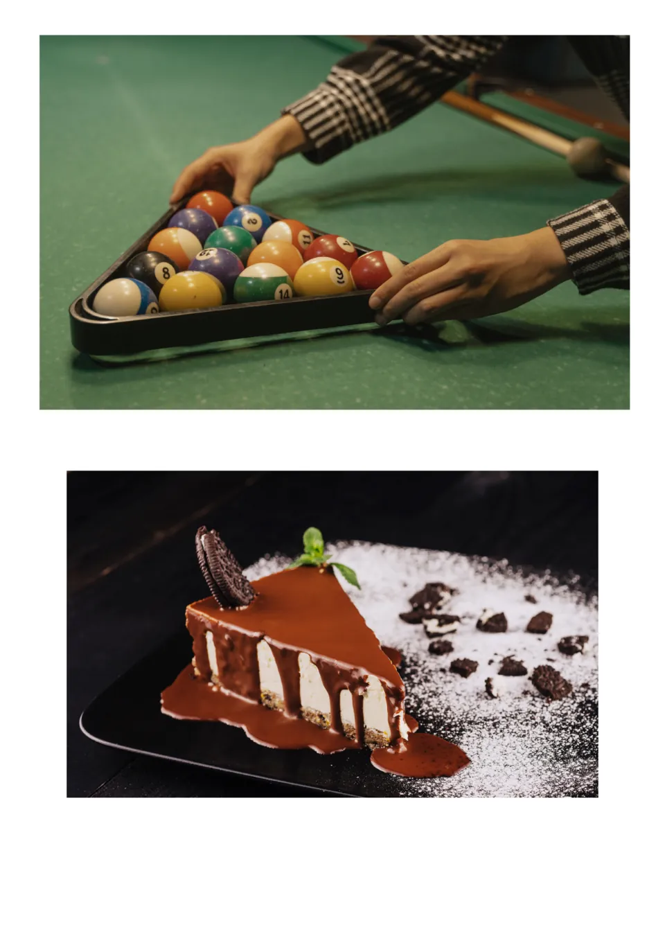 Triangles in real life: a pool ball rack on green felt and a chocolate-topped cheesecake slice to cut out and discuss