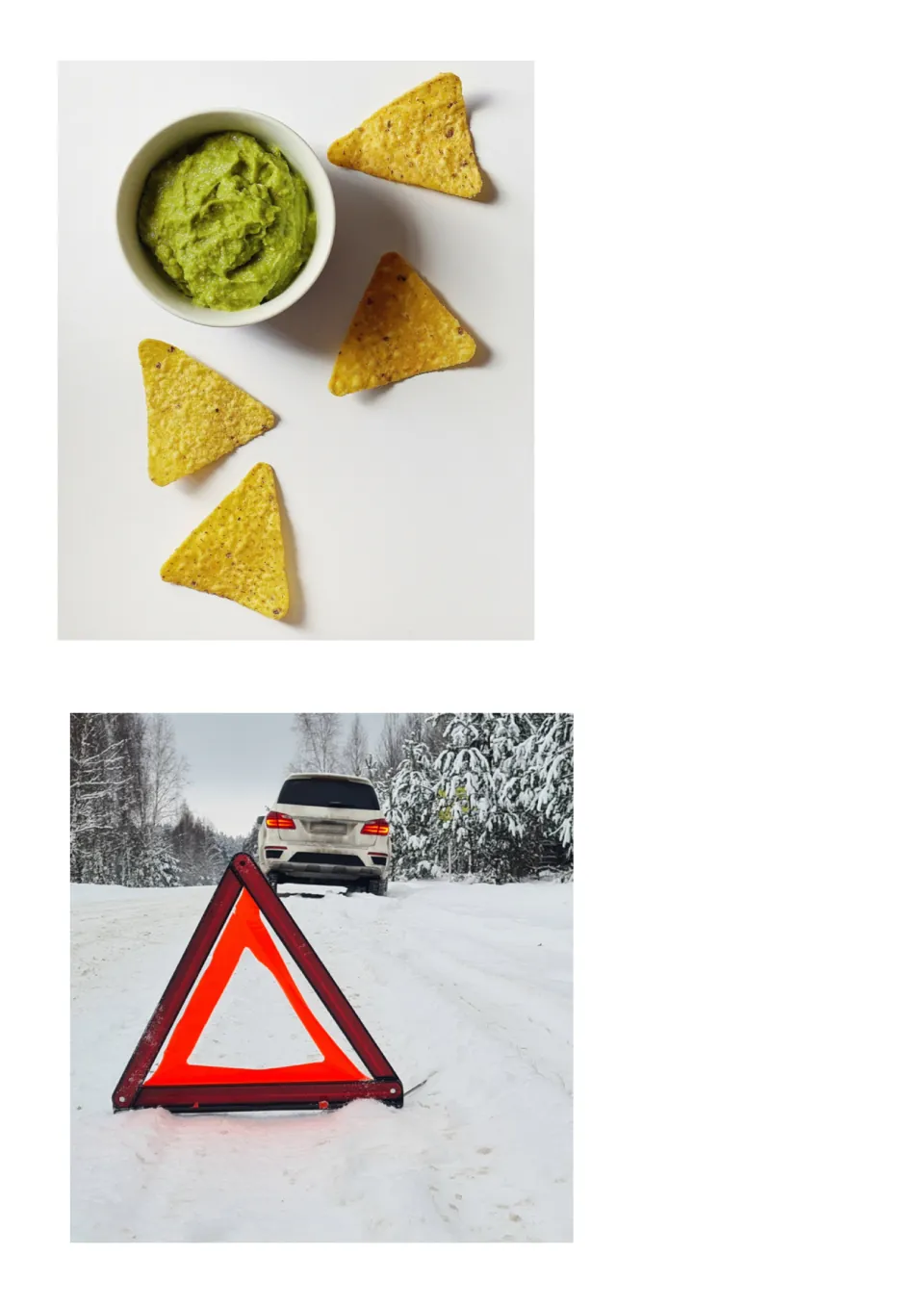 Triangle shapes in food and safety: tortilla chips beside guacamole and a red warning triangle on a snowy road to cut out
