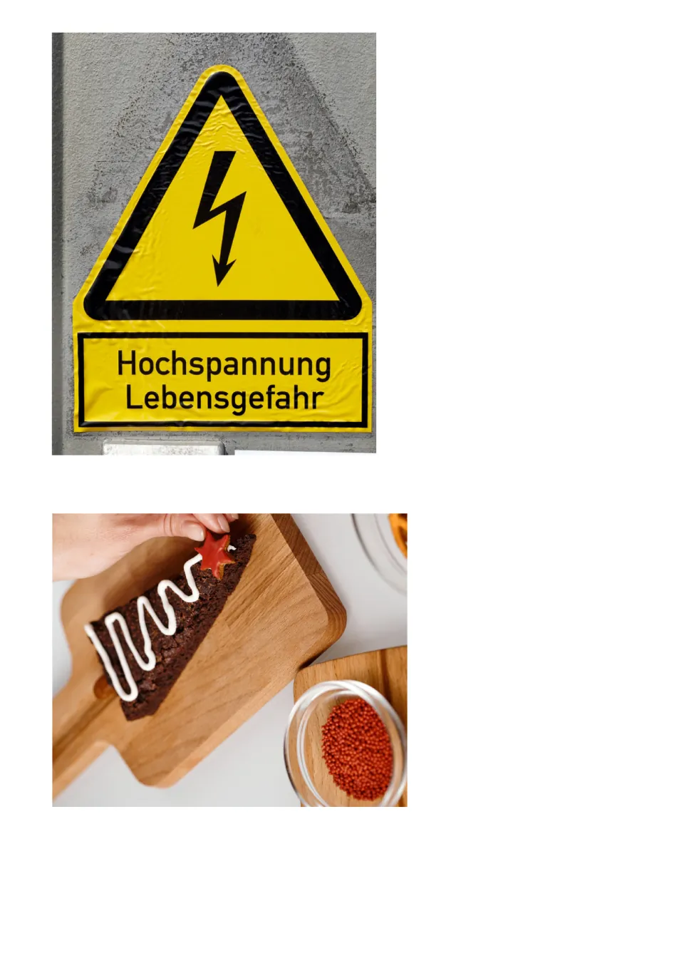 Shape recognition cut-outs: a yellow triangular high-voltage warning sign and a brownie slice being decorated with a star
