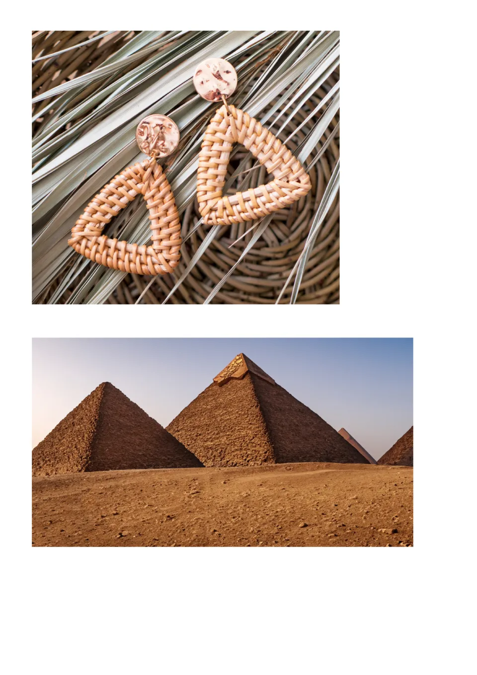 Finding triangles: woven rattan triangle earrings and Egyptian pyramids in the desert, photos for students to cut out