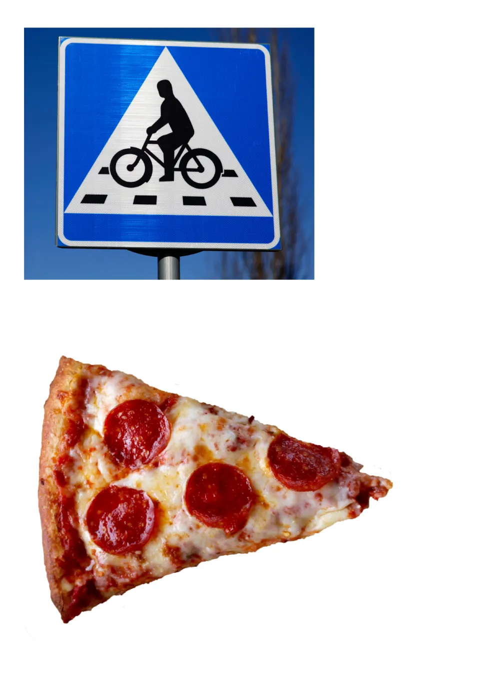 Triangles around us: a blue bicycle crossing sign with a white triangle and a pepperoni pizza slice to cut out