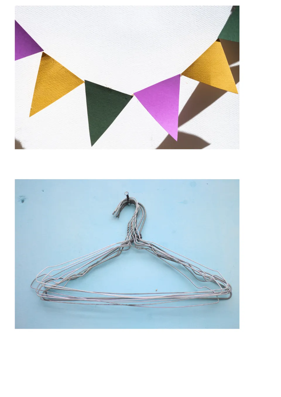 Everyday triangle objects: a string of purple, gold and green paper bunting flags and a stack of wire clothes hangers