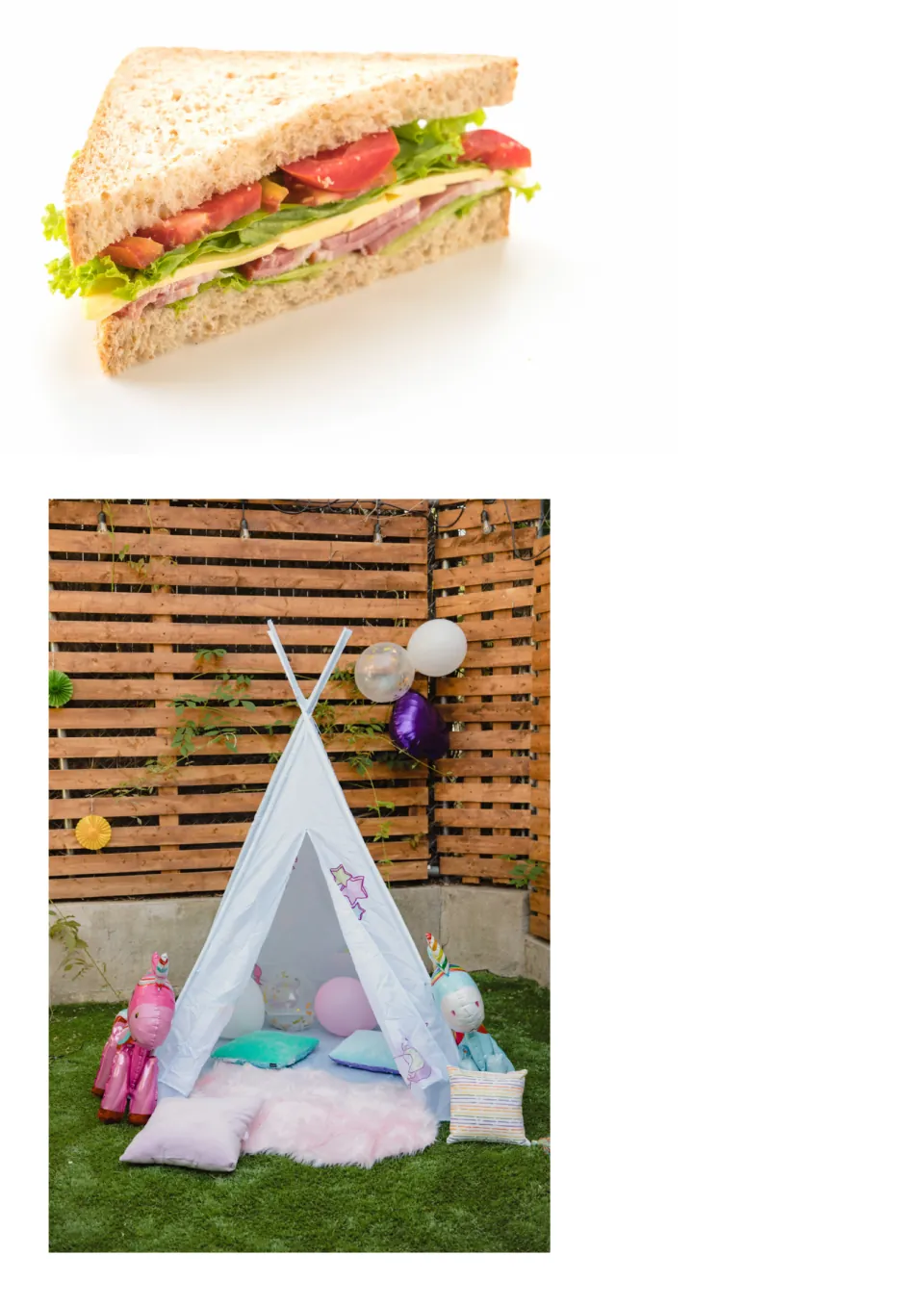 Triangle picture cards: a sandwich cut into a triangle and a white play teepee with balloons and unicorn toys to cut out