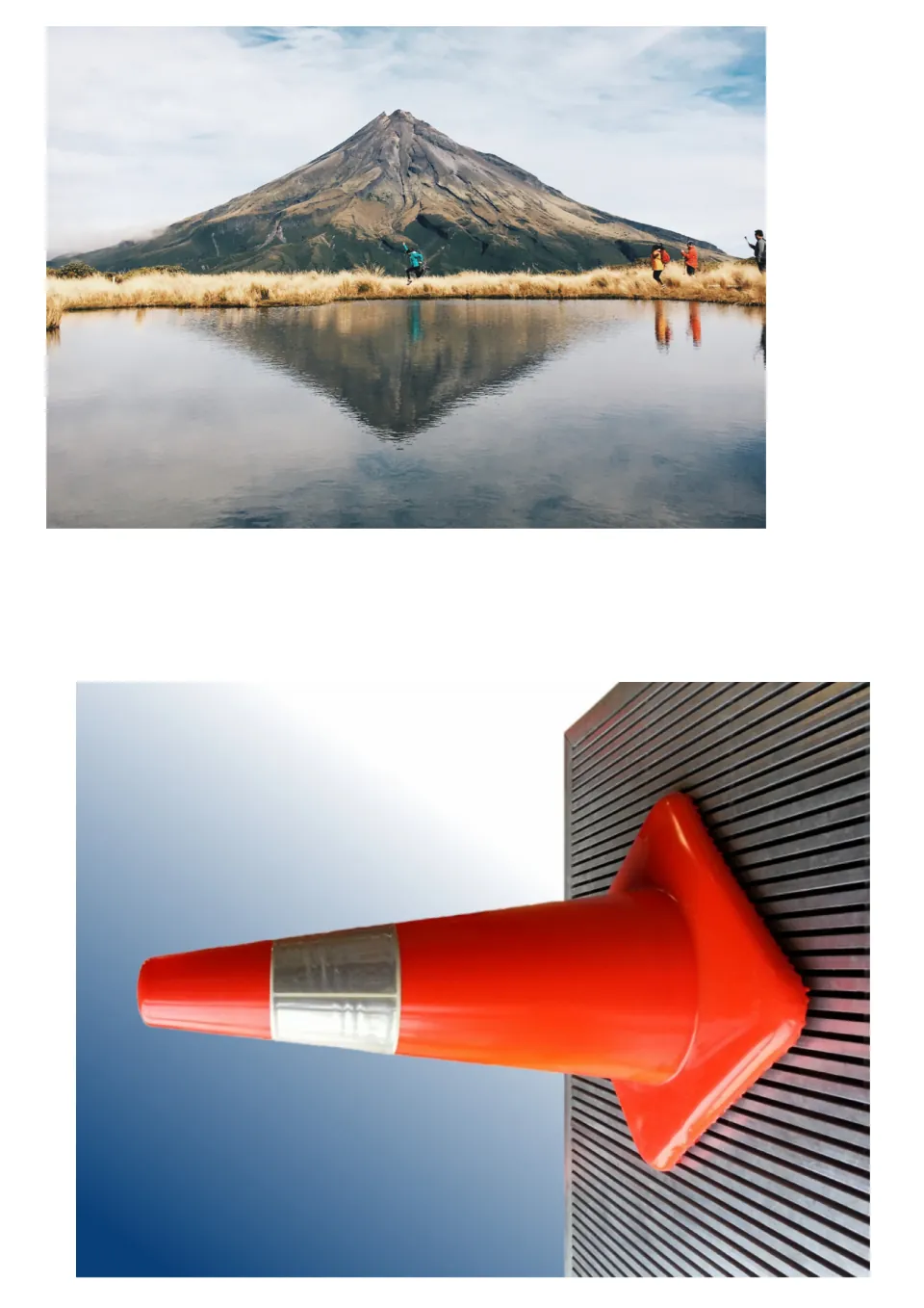 Real-world triangles to cut out: a cone-shaped mountain reflected in a lake with hikers and an orange traffic cone