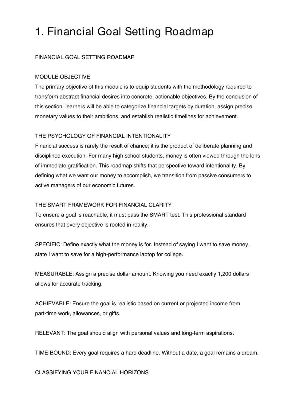 Financial goal-setting module introduction explaining SMART goals, monetary targets, and realistic timelines