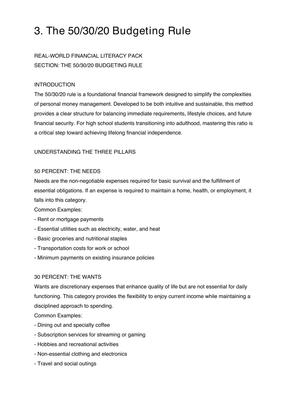 Budgeting module introduces the 50/30/20 rule and explains needs and wants with examples of each expense type