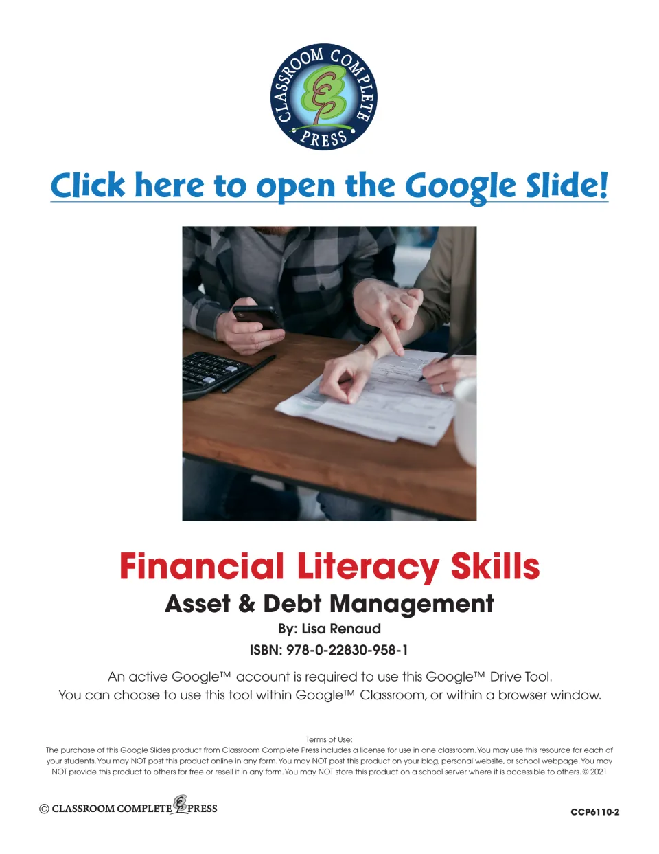 Financial Literacy Skills title page by Lisa Renaud with a Google Slide link, account requirement and terms of use