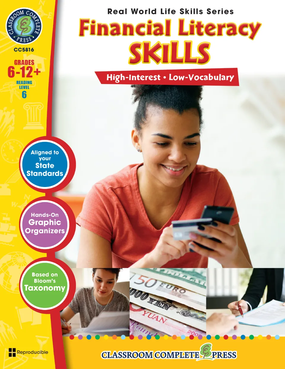 Financial Literacy Skills cover from the Real World Life Skills Series, with a teen using a phone and credit card