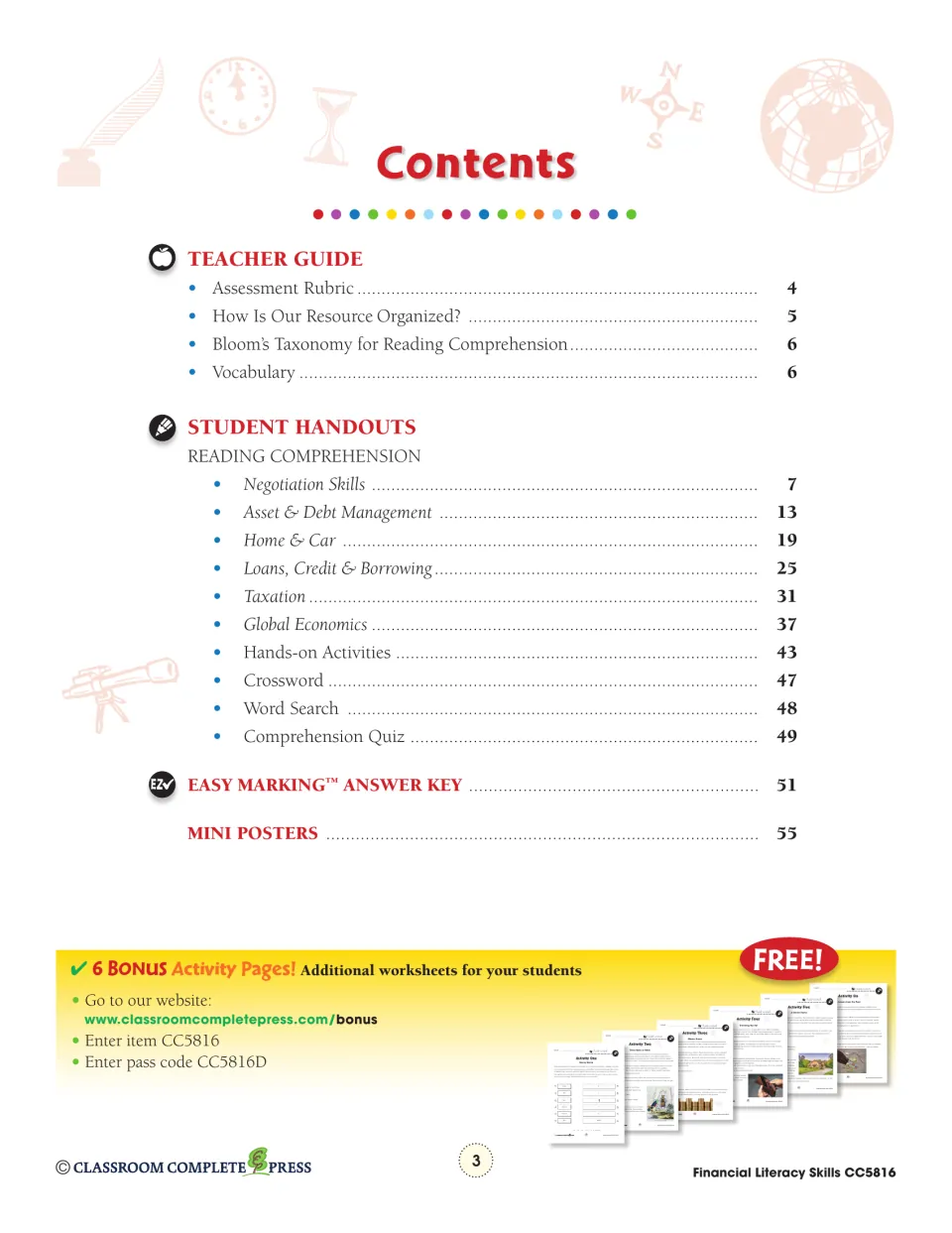 Contents: teacher guide, six reading topics from negotiation to global economics, quiz, answer key and posters