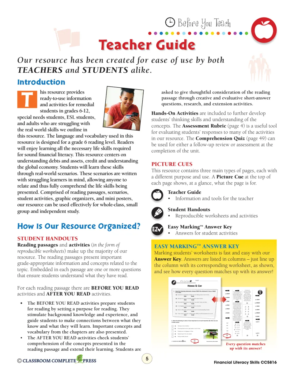 Teacher guide: how the book is organized, with Before You Read and After You Read activities and the answer key
