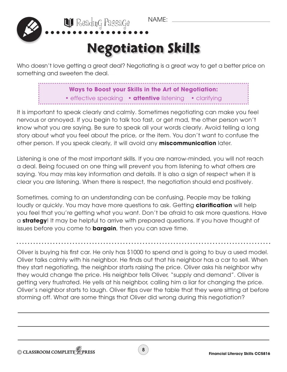 Negotiation reading part 1: speaking clearly, listening and clarifying, then what Oliver did wrong buying a car