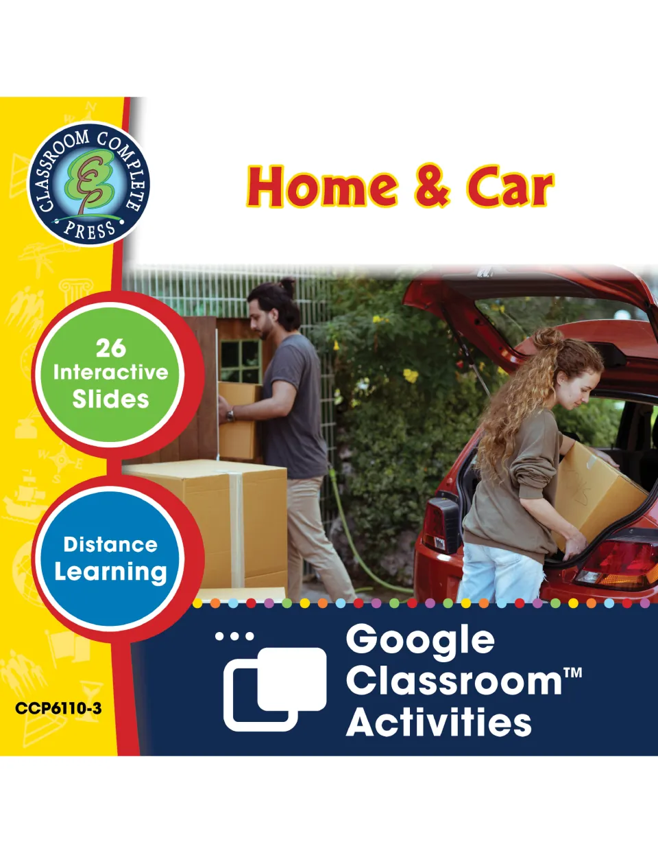 Home & Car cover: 26 interactive Google Classroom slides for distance learning, photo of two people loading boxes in a car