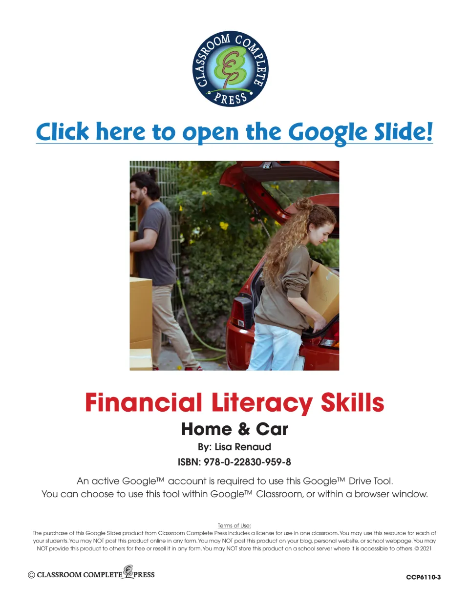 Financial Literacy Skills: Home & Car title page by Lisa Renaud with a link to open the slides and one-classroom terms