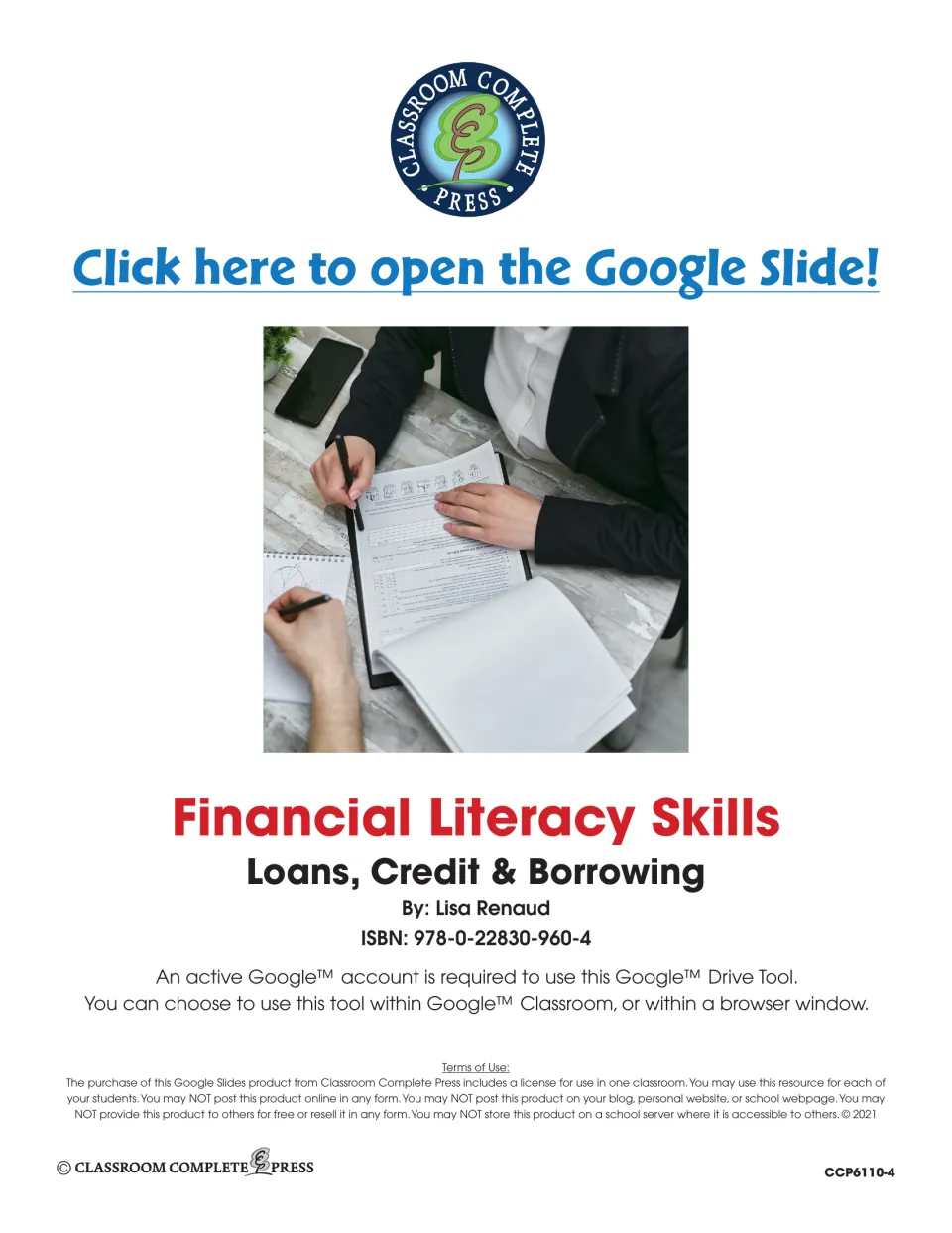 Financial Literacy Skills title page by Lisa Renaud with a link to open the Google Slide and one-classroom terms of use