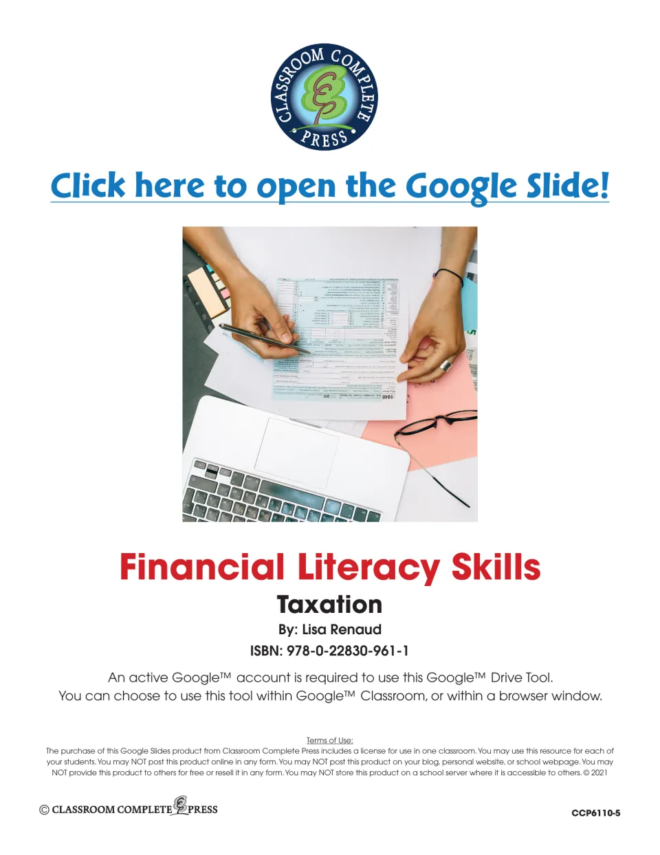 Financial Literacy Skills: Taxation title page by Lisa Renaud with a link to open the Google Slide and the terms of use