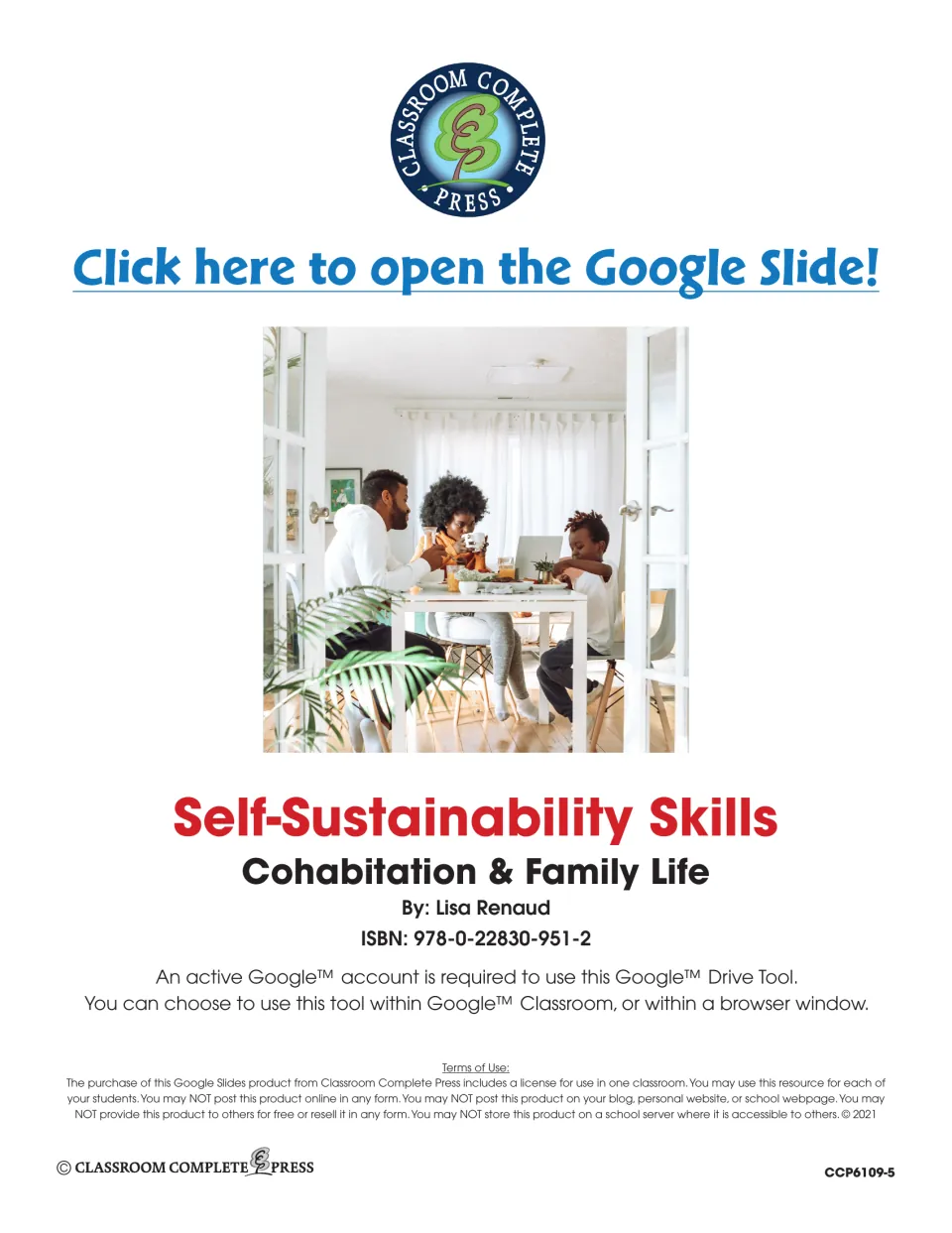 Slide access page linking to the life skills deck, with Google account requirements and classroom use terms