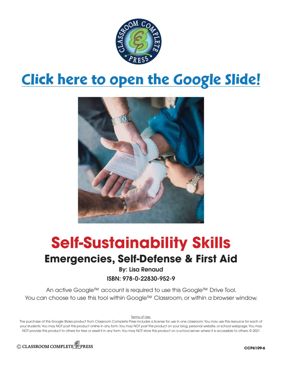 Self-Sustainability Skills title page by Lisa Renaud with a link to open the Google Slide, ISBN and a terms of use notice