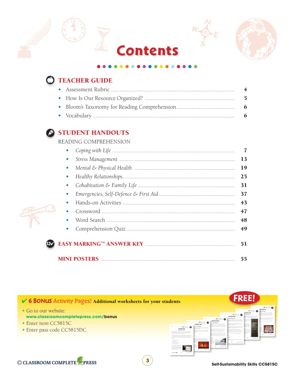 Table of contents: teacher guide, six reading units from Coping with Life to First Aid, answer key and mini posters