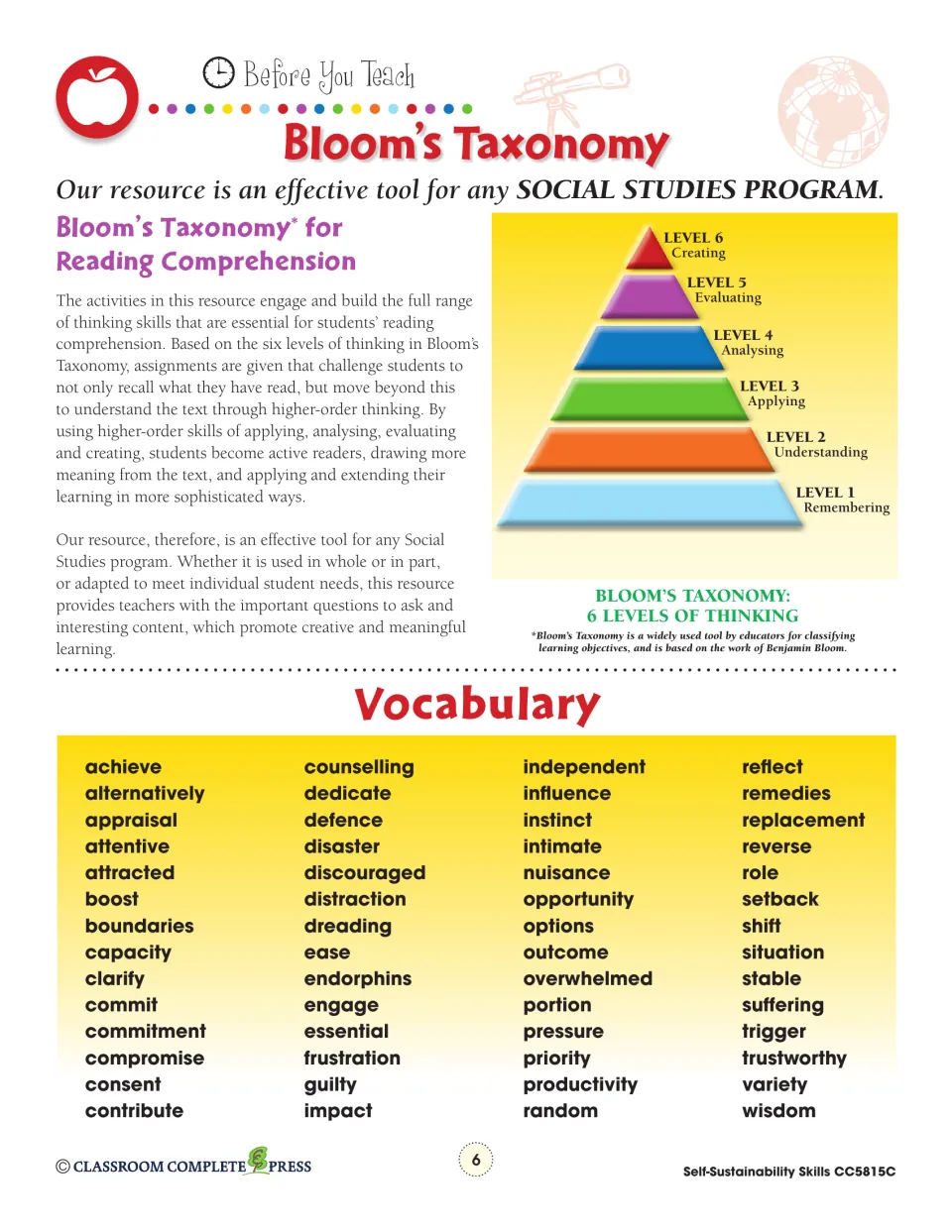 Bloom's Taxonomy pyramid of six levels and a vocabulary list: achieve, boundaries, consent, trigger and more