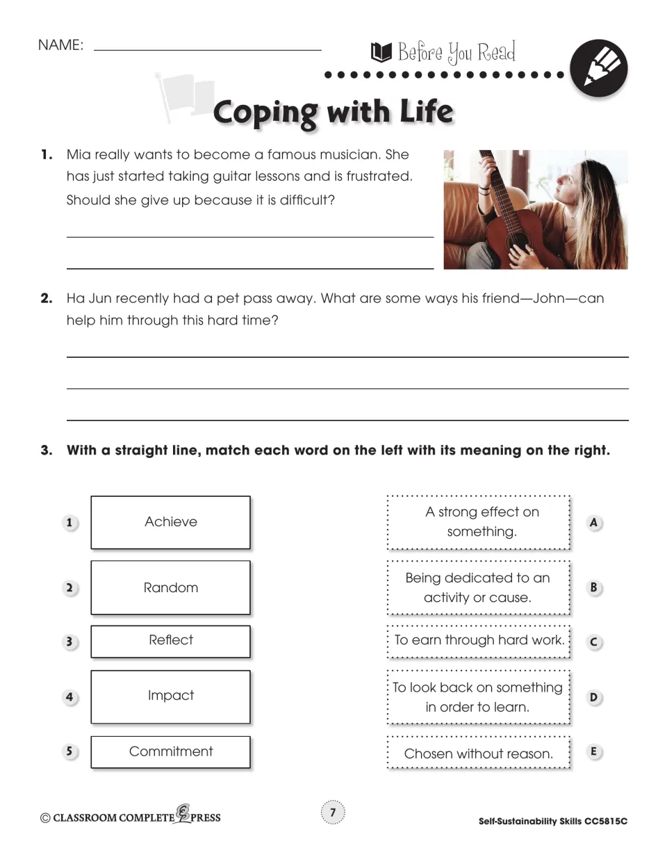 Coping with Life Before You Read: questions on Mia's guitar and Ha Jun's pet, plus 5 vocabulary matches