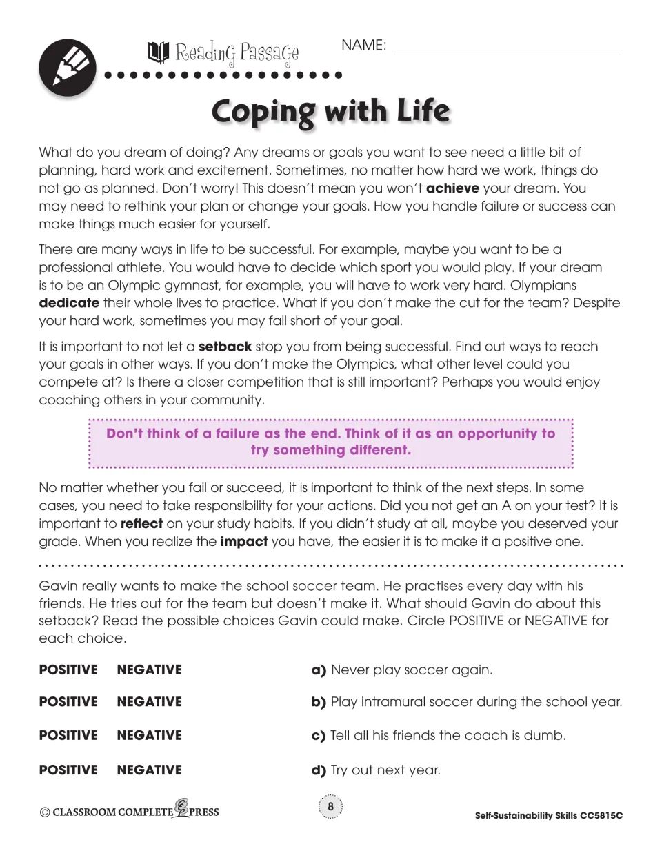 Coping with Life reading, part 1: handling setbacks, Gavin's soccer tryout choices to rate positive or negative