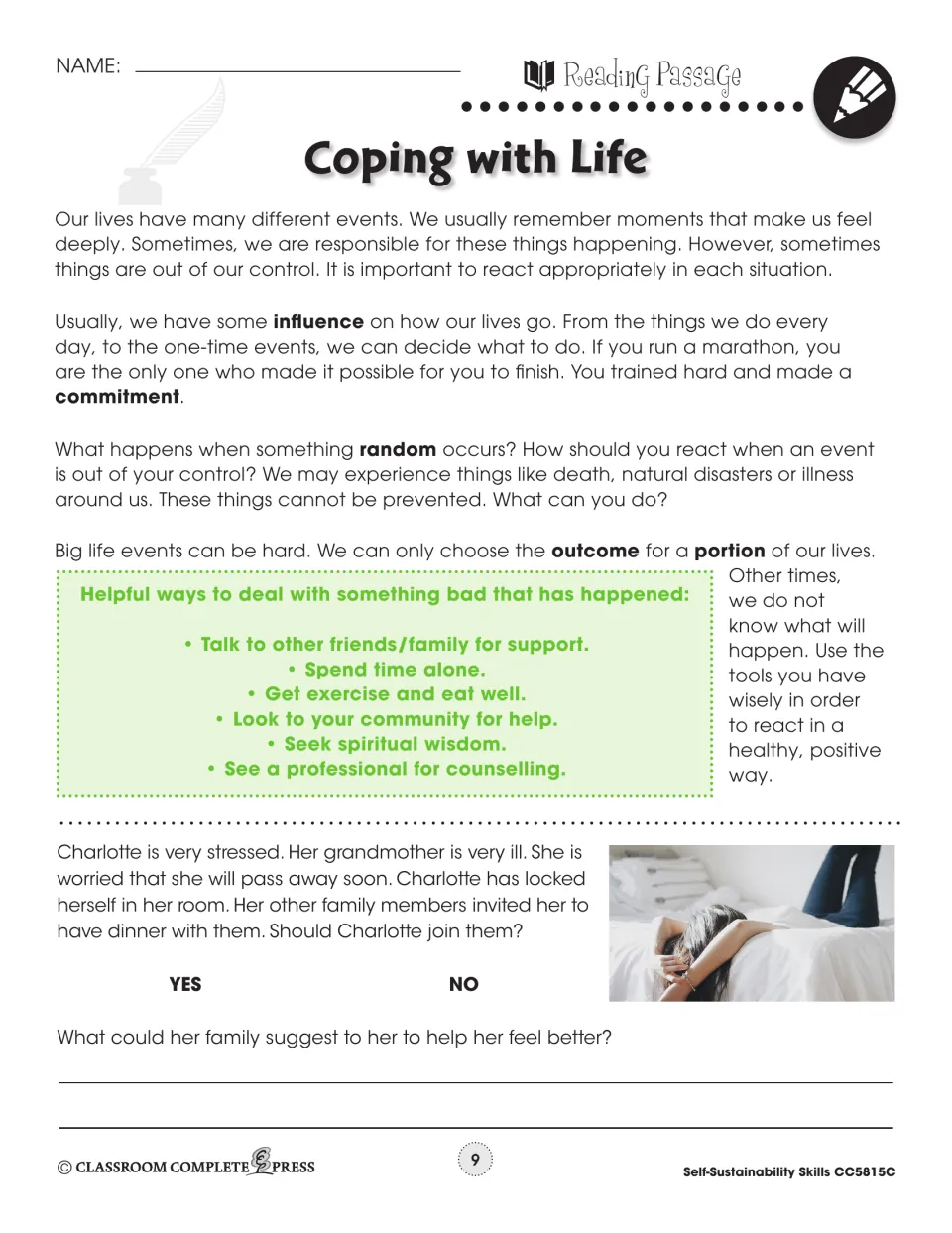 Coping with Life reading, part 2: events out of our control, six helpful ways to cope, plus Charlotte's dilemma