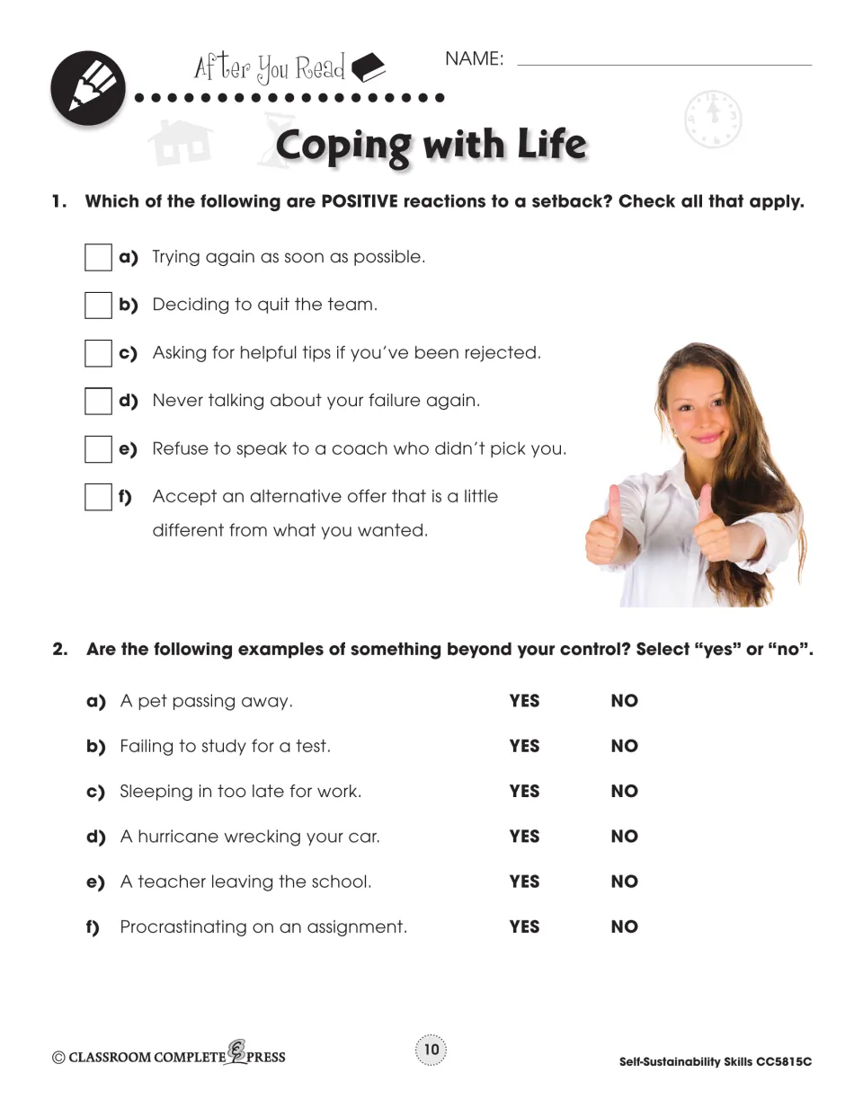 Coping with Life After You Read: check positive setback reactions, then say if six events are beyond your control