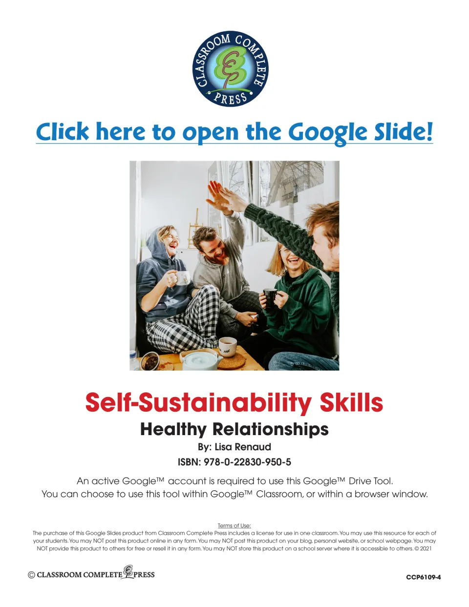 Self-Sustainability Skills title page by Lisa Renaud with a link to open the slides, ISBN and one-classroom terms of use