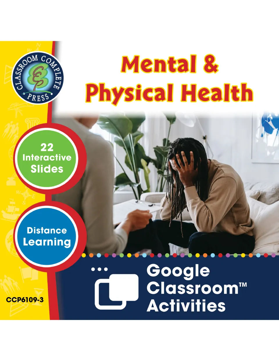 Mental & Physical Health cover: 22 interactive Google Classroom slides for distance learning, showing a person in counseling