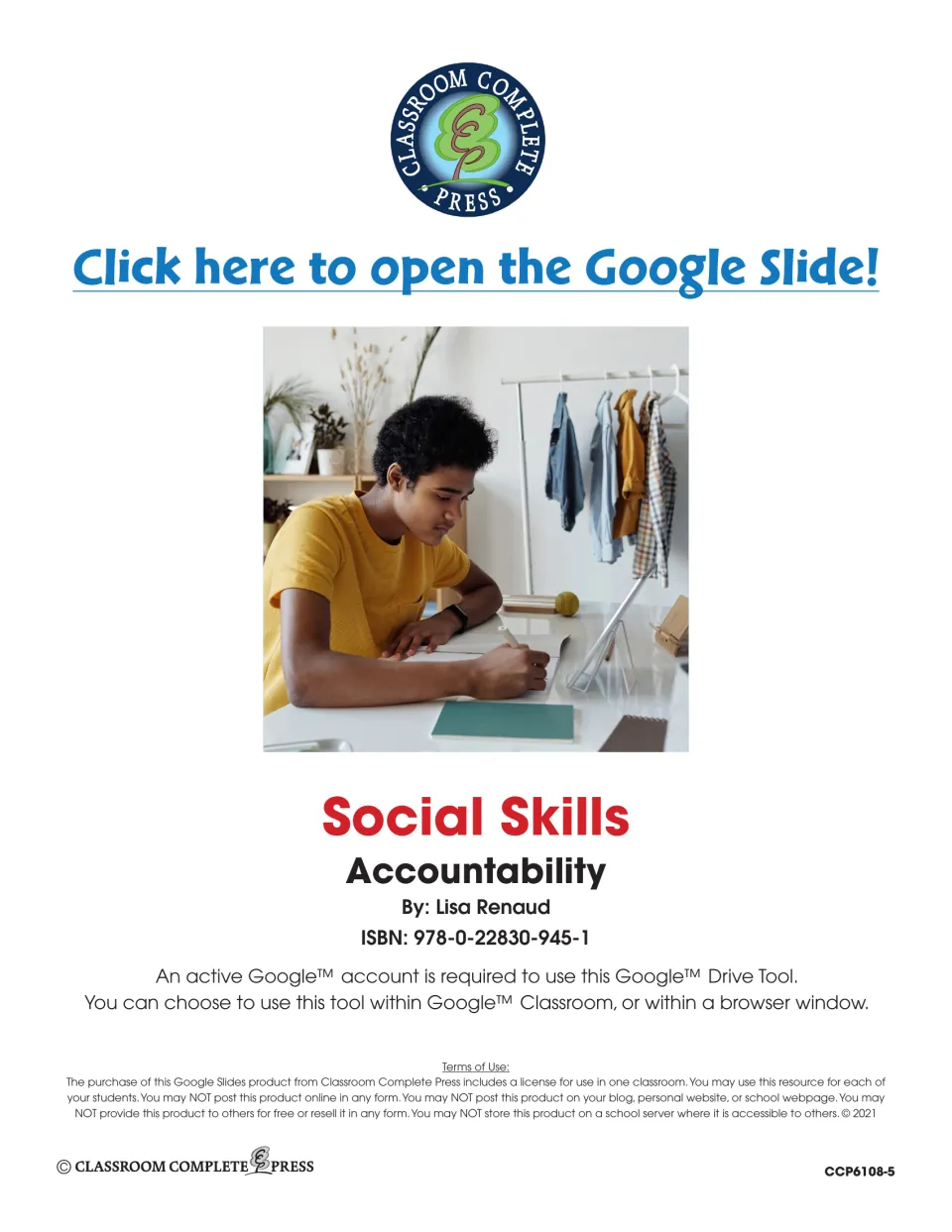 Social Skills: Accountability title page by Lisa Renaud with a link to open the Google Slide and one-classroom terms of use