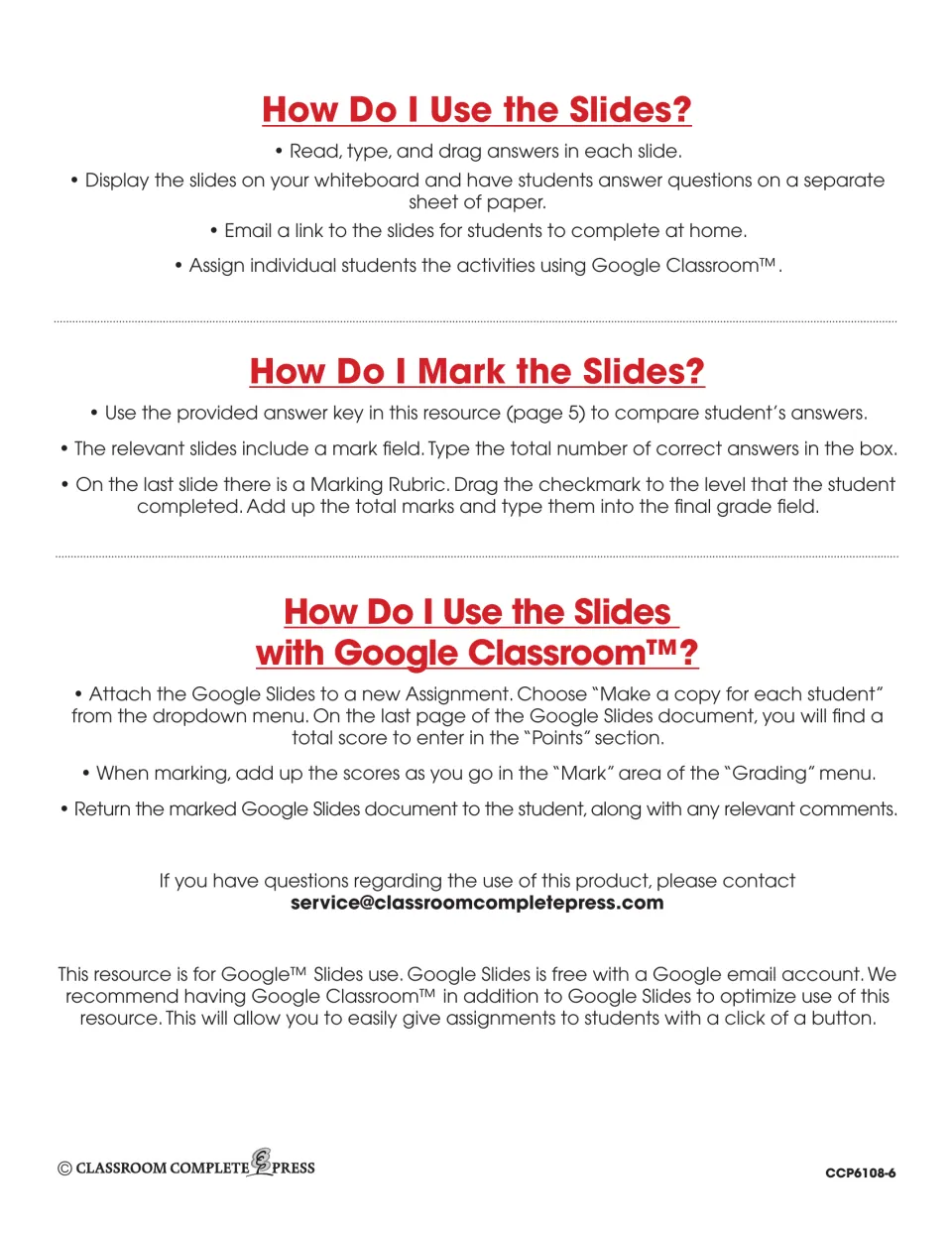 Guide to using and marking the slides: typing and dragging answers, mark fields, a rubric and Google Classroom steps