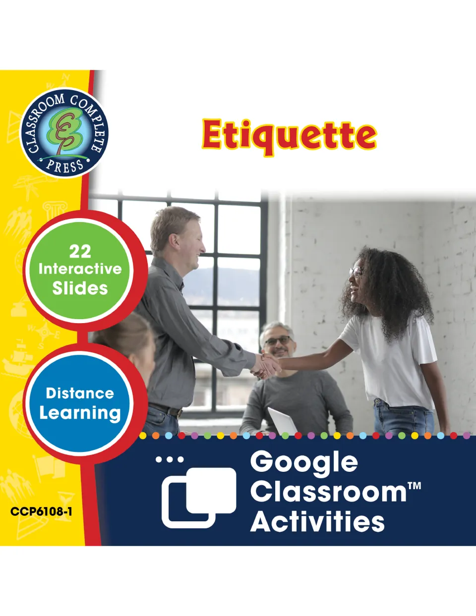 Etiquette cover for 22 interactive Google Classroom slides, showing a smiling student shaking hands with an adult