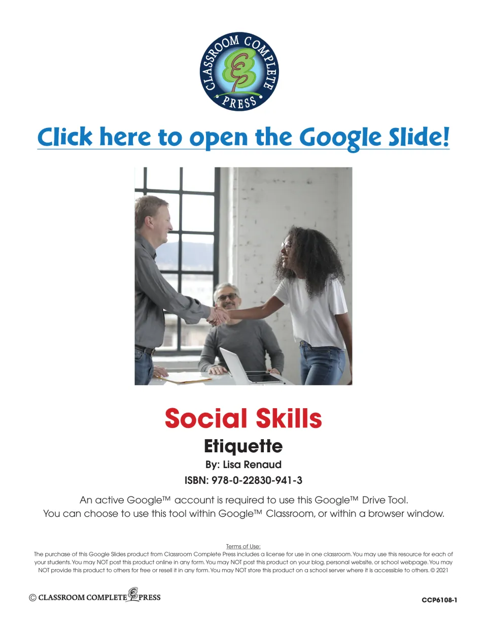 Social Skills: Etiquette title page by Lisa Renaud with a link to open the Google Slide and one-classroom terms of use