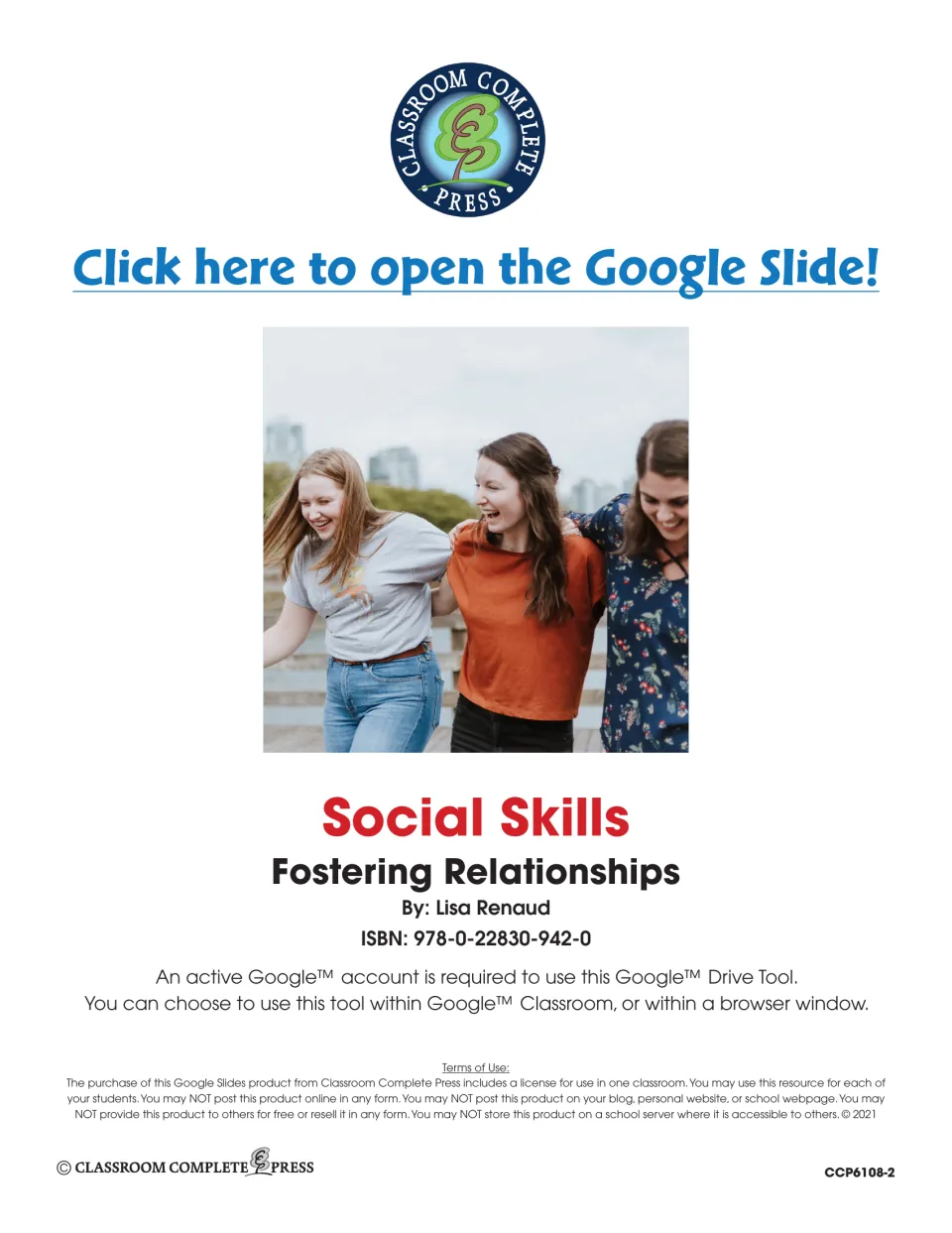 Title page by Lisa Renaud with a link to open the Google Slide, a Google account note and one-classroom terms of use