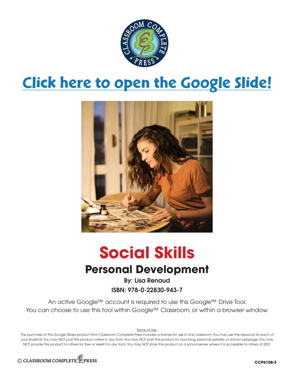 Social Skills: Personal Development title page by Lisa Renaud with a link to open the Google Slide and terms of use