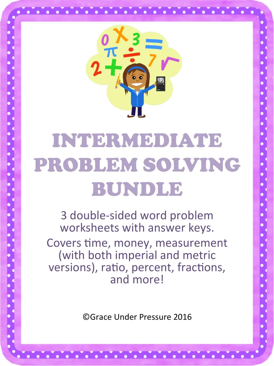 Intermediate Problem Solving Bundle cover: 3 double-sided word problem worksheets on time, money, ratio and percent