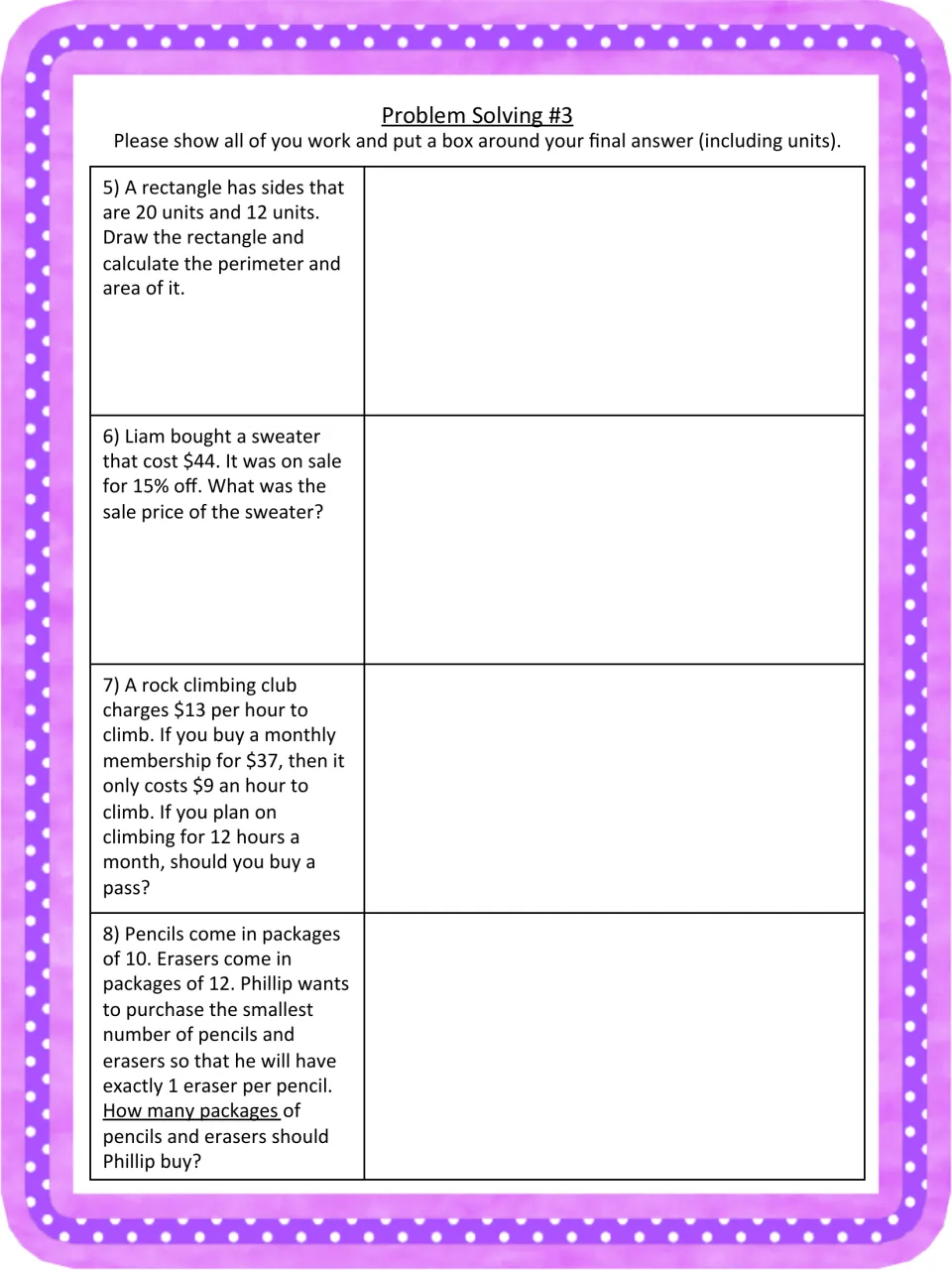Problem Solving #3, items 5-8: students find perimeter and area, a 15% off sale price, whether a pass pays and pencil packs