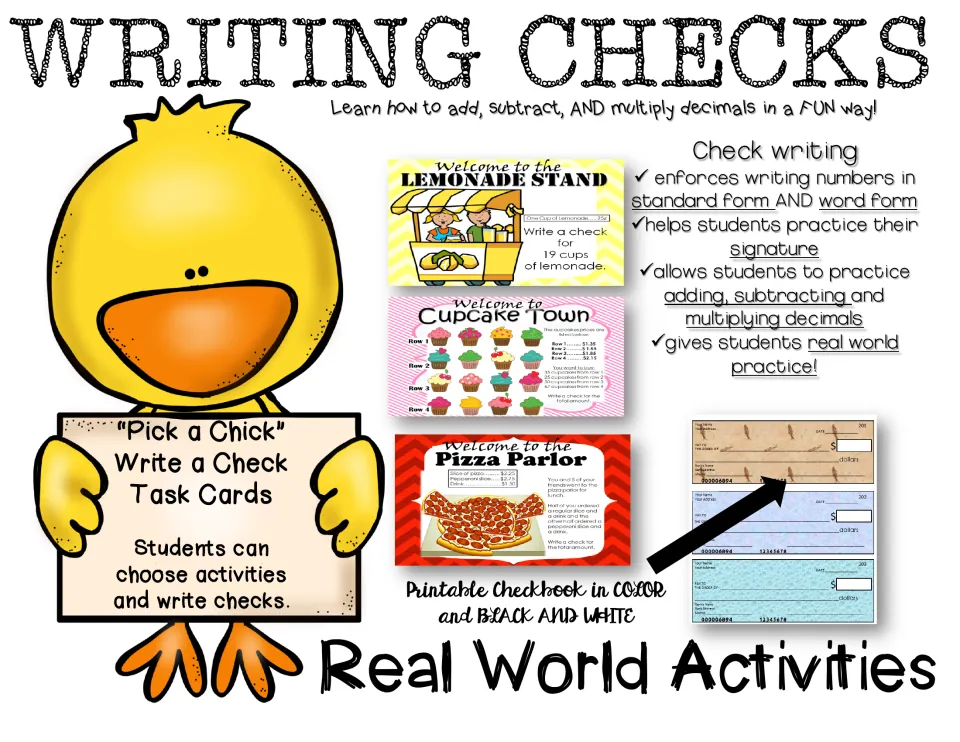 Writing Checks cover: Pick a Chick task cards for lemonade, cupcake and pizza stations, plus a printable checkbook