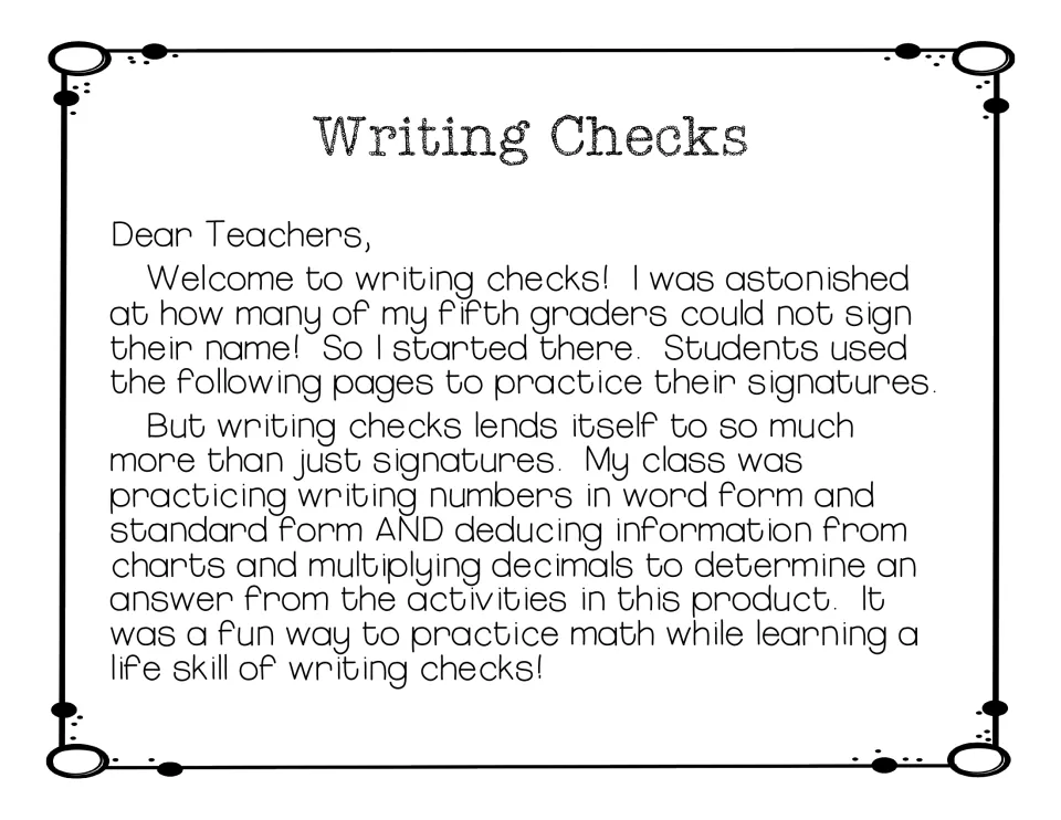 Teacher letter on writing checks: signatures, numbers in word and standard form, reading charts and multiplying decimals