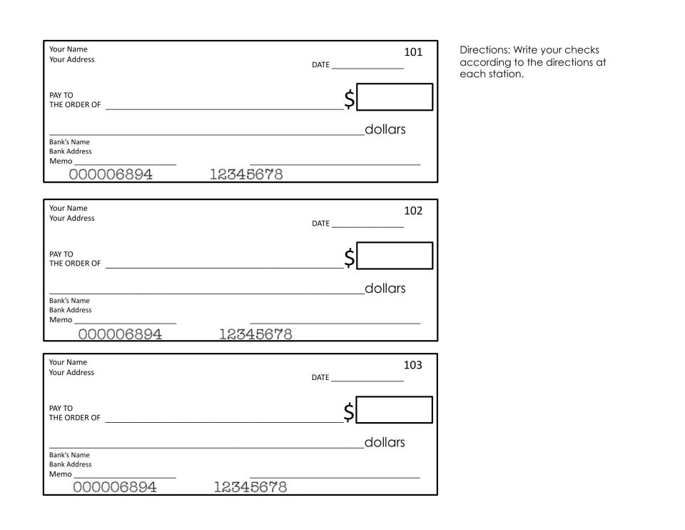 Blank black-and-white checks 101 to 103: students fill in date, payee, amount in numbers and words, memo and signature