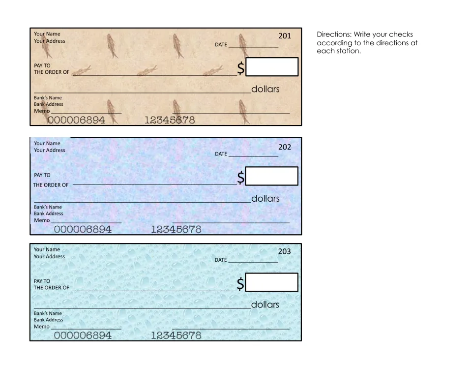 Color checks 201 to 203 with fish, lavender and water-drop backgrounds; students record payee, amount and signature