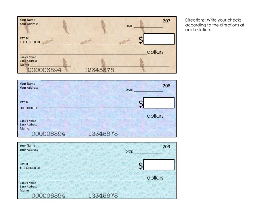 Color checks 207 to 209 where students date, sign and fill in the payee and decimal amount for each task card answer