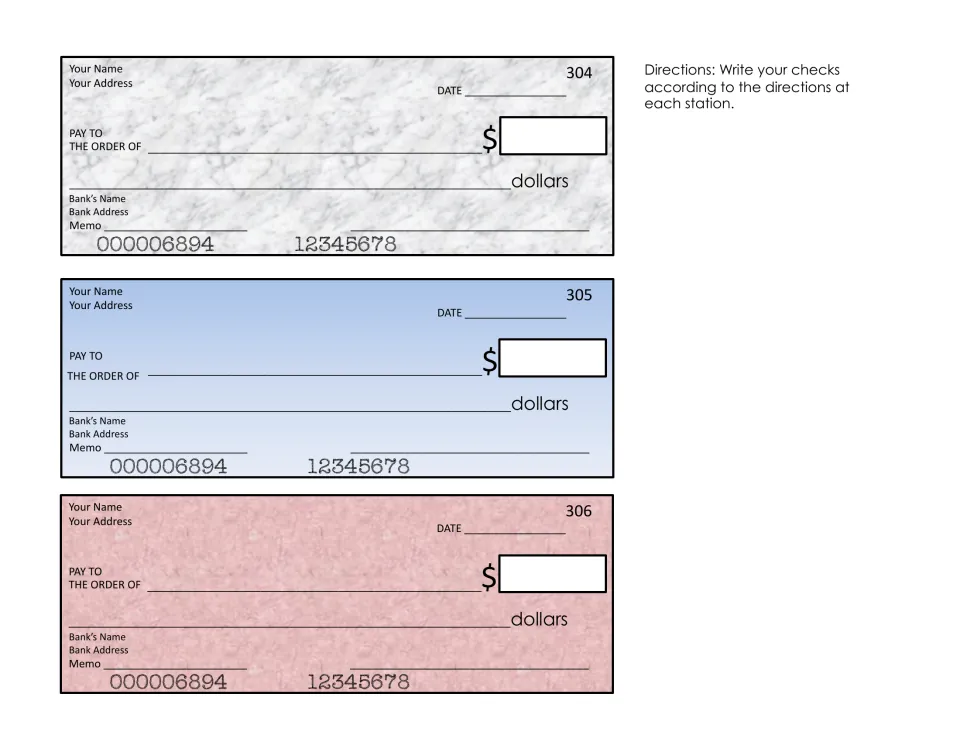 Checks 304 to 306 in marble, blue and pink for recording payee, date, memo and money amounts from the task cards