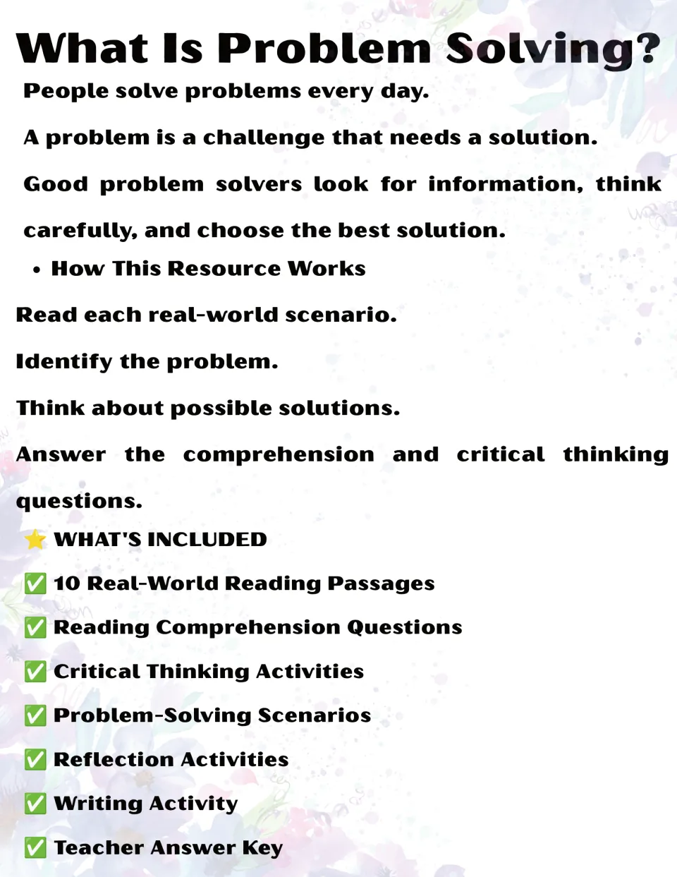 What Is Problem Solving? intro defining a problem, four steps for each scenario and a list of 10 passages, questions and key