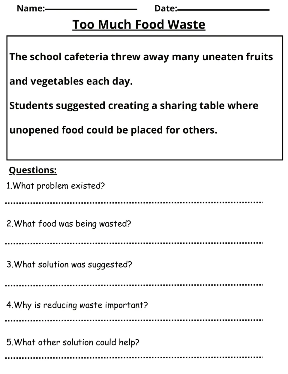 Too Much Food Waste: students read about a cafeteria sharing table and answer 5 questions on the problem and its solution