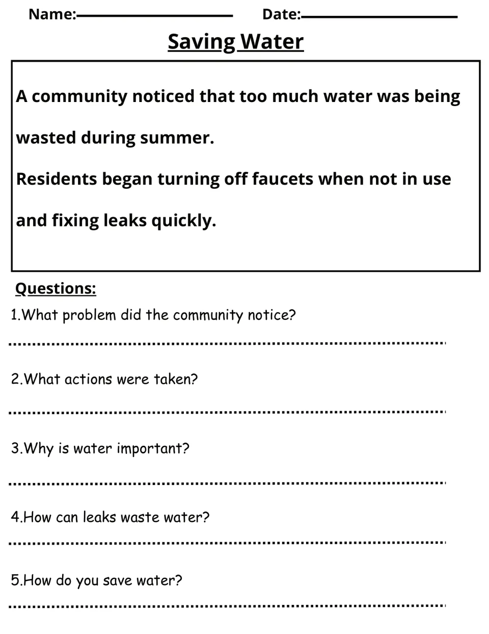 Saving Water: students read how residents fixed leaks and turned off faucets, then answer 5 questions on water waste