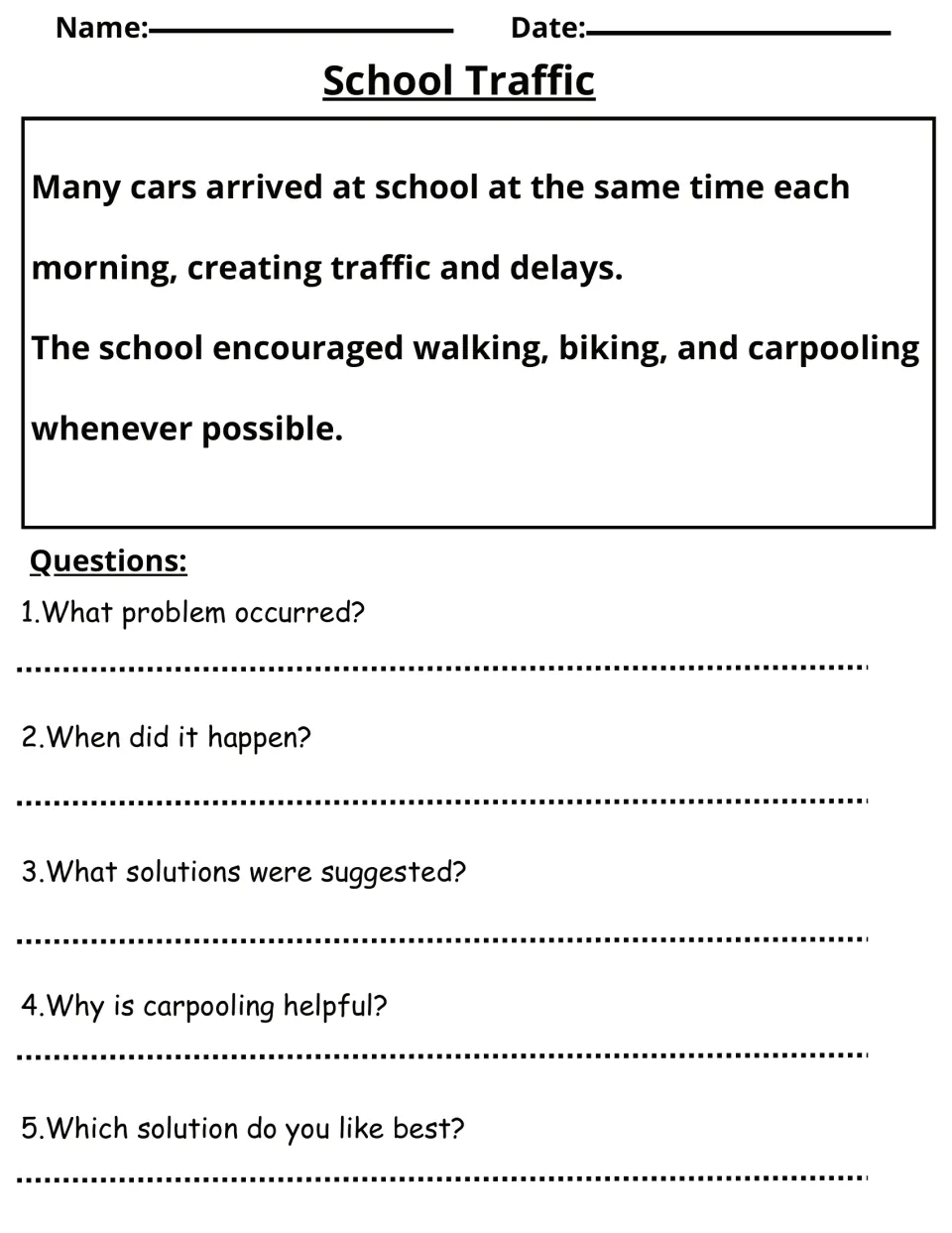School Traffic: students read about morning car delays and walking, biking or carpooling, then answer 5 questions