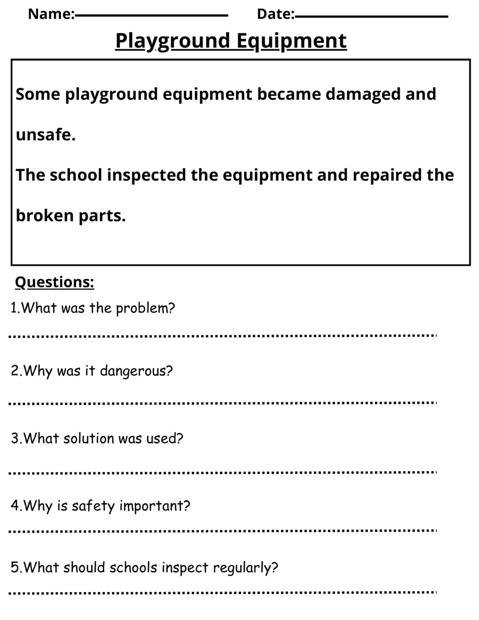 Playground Equipment: students read about inspecting and repairing unsafe equipment, then answer 5 safety questions